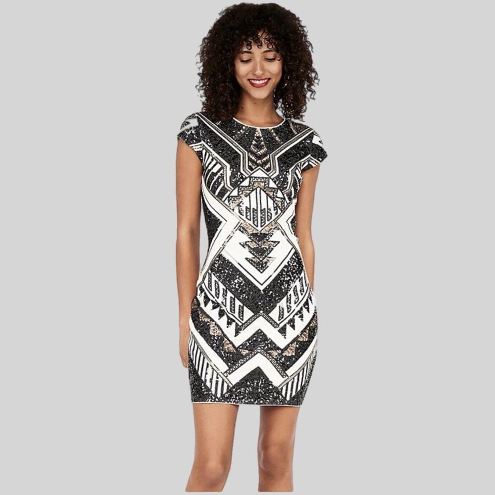 EXPRESS Short Sleeve Sequined Sparkle FITTED Sheath Dress Small NEW Stretch